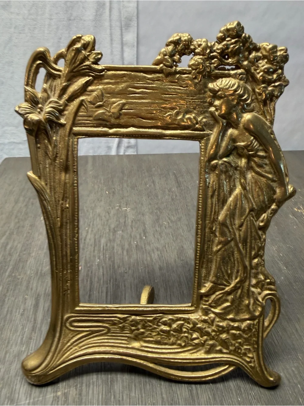 Vtg art nouveau cast iron brass repousse fairy lady floral table frame